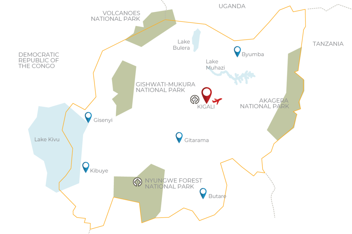 Wildlife and gorillas in the land of a thousand hills map